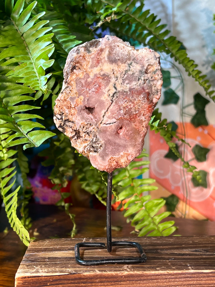 Druzy Pink Amethyst x Moss Agate x Flower Agate Statement Slab, Self-Standing # 3