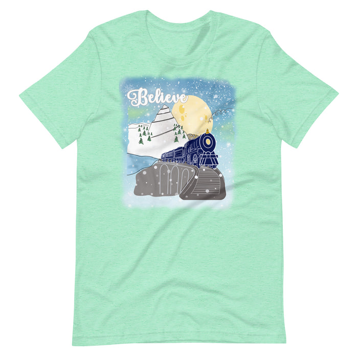 Believe Polar Express Train Winter Mountain Christmas Movie Unisex t-shirt