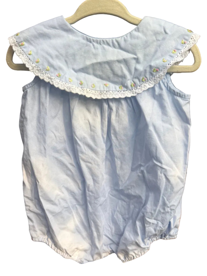 Est. 9M Sophie & Lucas Stitched Baby Blue Bubble with Lace Collar Trim GUC