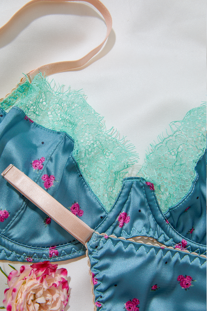 Embroidered Rose Lingerie Set with Lace