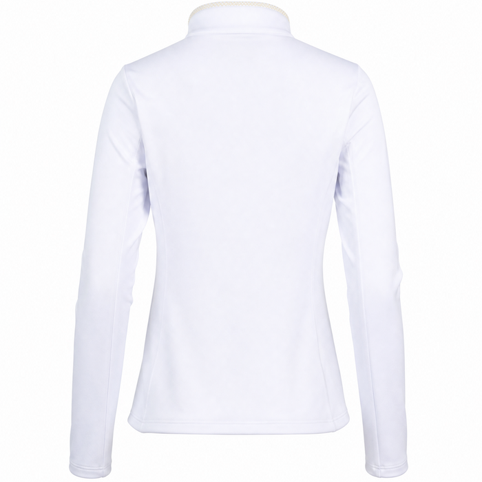 A white long-sleeve athletic top shown from the back, featuring a mock neck collar, displayed on a clean white background.