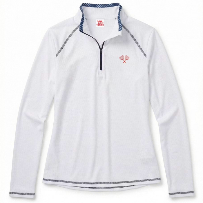 White long-sleeve jacket with a logo and blue and white gingham detail on a white background