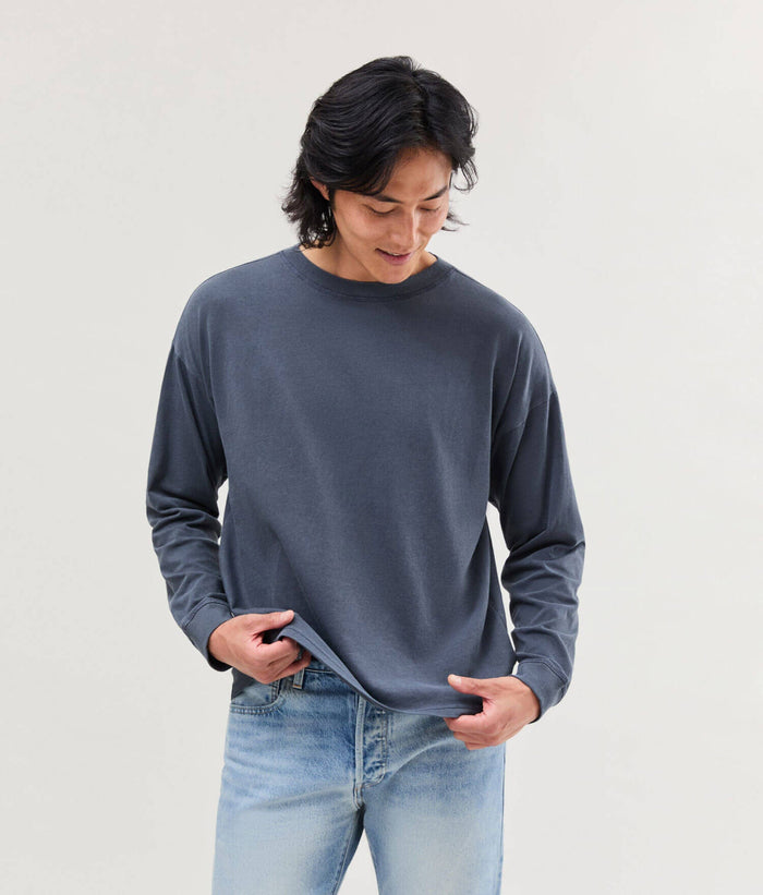 Mens Relaxed Long Sleeve Tee - Pigment Dye Jersey - Blue Steel #Blue Steel