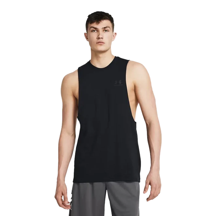 UA Men's Left Chest Cut-Off Tank Black Color.