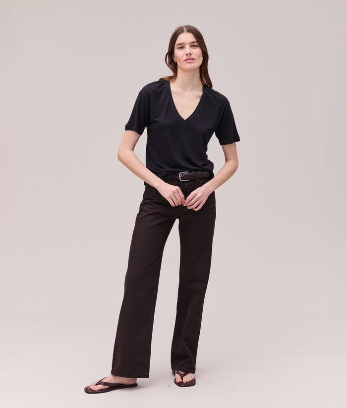 Womens Linen Jersey V Neck Tee | Black