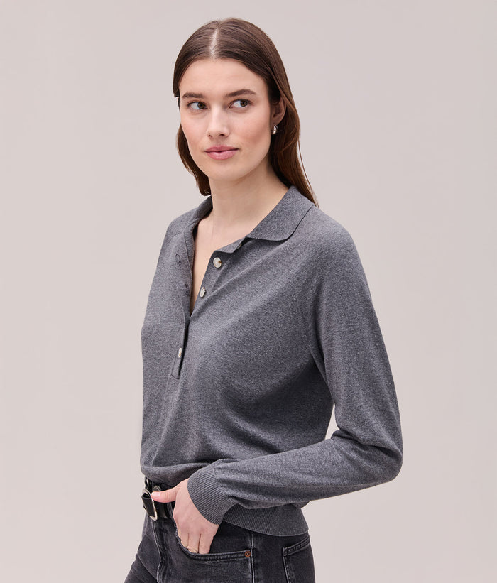 Womens Washable Cotton Silk Henley | Charcoal Heather Grey