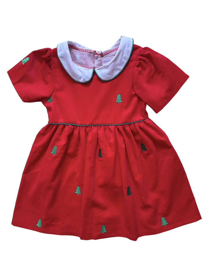 18-24M | Piping Prints | Red Corduroy Dress with Green Christmas Trees | NWT