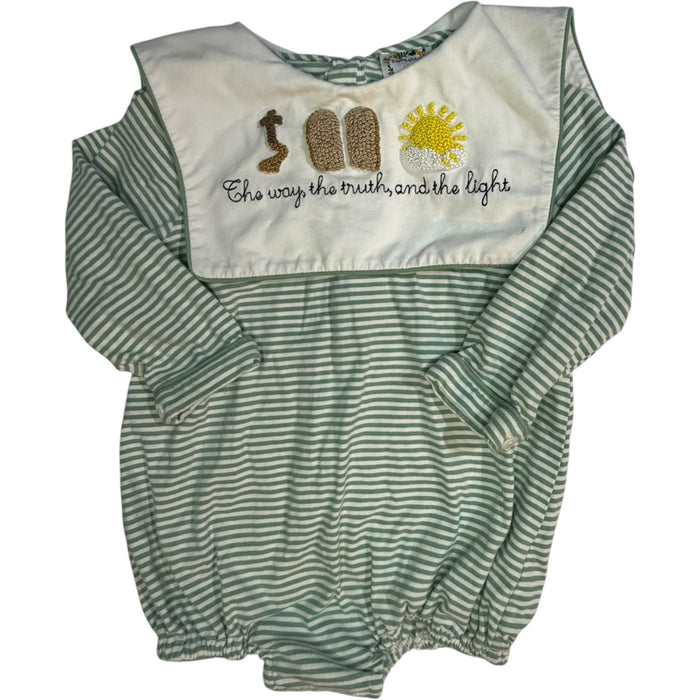 24M | Saving Grace Smocks | Green & White Striped Long-Sleeve Collared Bubble | GUC