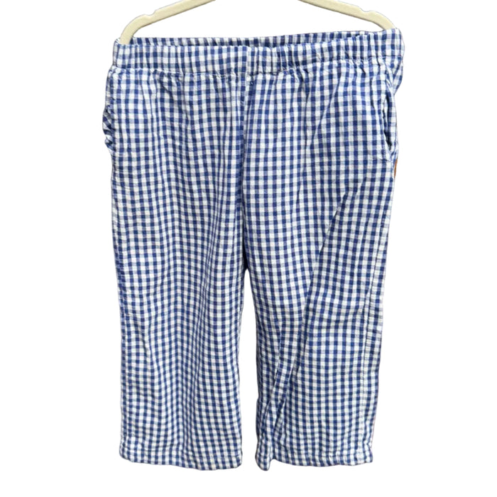 Blue and white gingham check cropped shorts hanging on a white plastic hanger against a brick wall background.