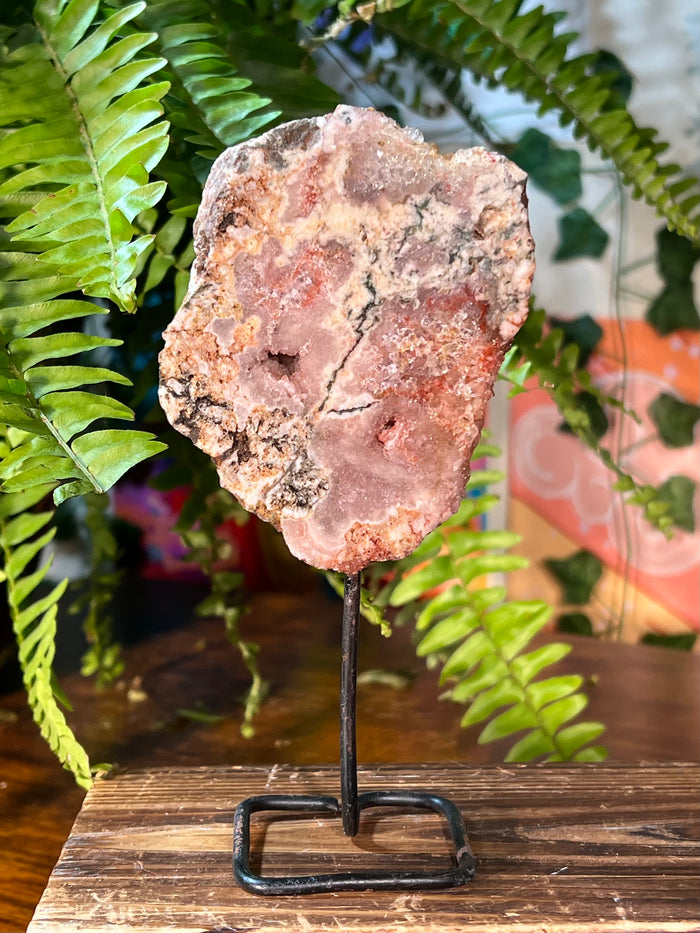 Druzy Pink Amethyst x Moss Agate x Flower Agate Statement Slab, Self-Standing # 3