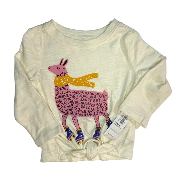A cream-colored long-sleeve baby/toddler shirt with a colorful llama graphic on the front, laid flat on a white surface.