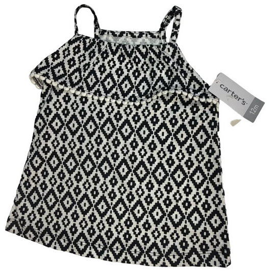 A Carter's brand black and white geometric patterned camisole top for kids, laid flat on a white background with its retail tag still attached.