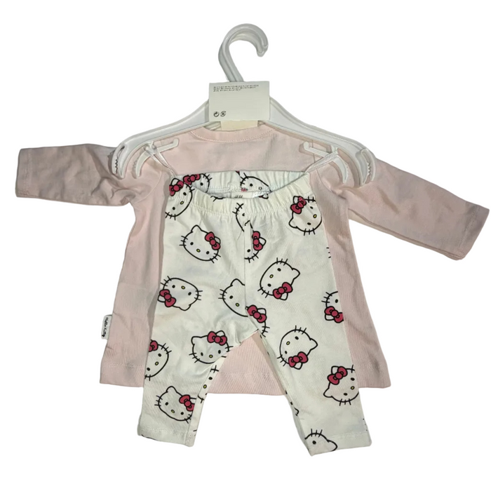 Baby long-sleeve romper set on a white hanger, featuring a white and pink Hello Kitty patterned front with a solid light pink back panel.