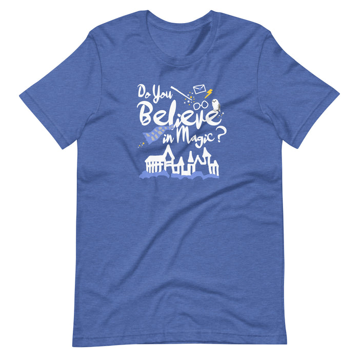 Believe in Magic T-Shirt Blue and Gray Scarf House Wizard and Witch Adult Unisex T-Shirt