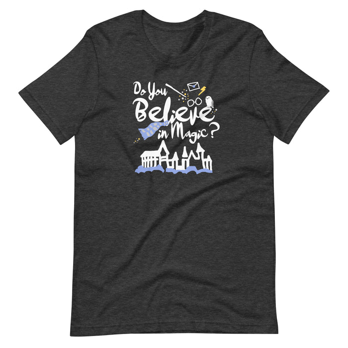 Believe in Magic T-Shirt Blue and Gray Scarf House Wizard and Witch Adult Unisex T-Shirt