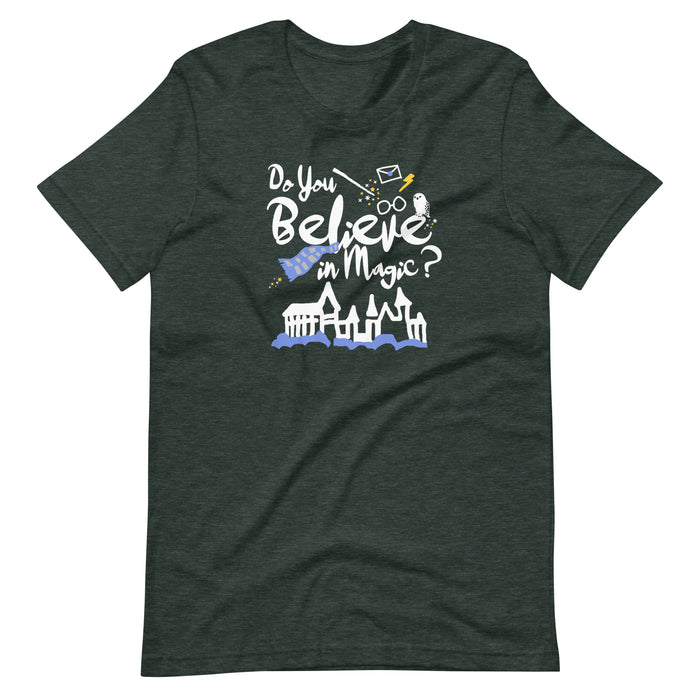 Believe in Magic T-Shirt Blue and Gray Scarf House Wizard and Witch Adult Unisex T-Shirt