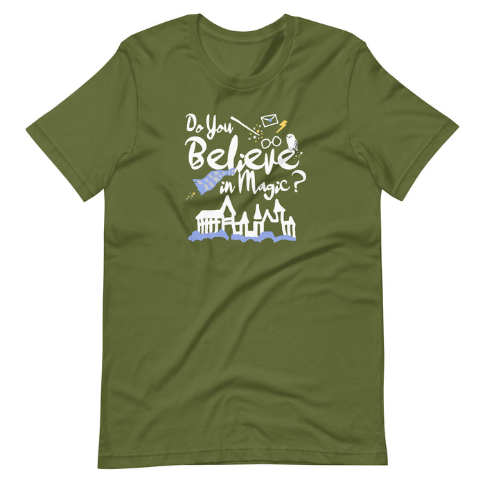 Believe in Magic T-Shirt Blue and Gray Scarf House Wizard and Witch Adult Unisex T-Shirt