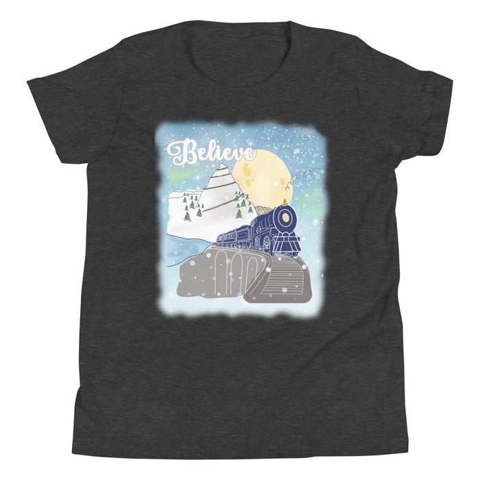 Believe Polar Express Kids Train Winter Mountain Christmas Movie Youth Short Sleeve T-Shirt