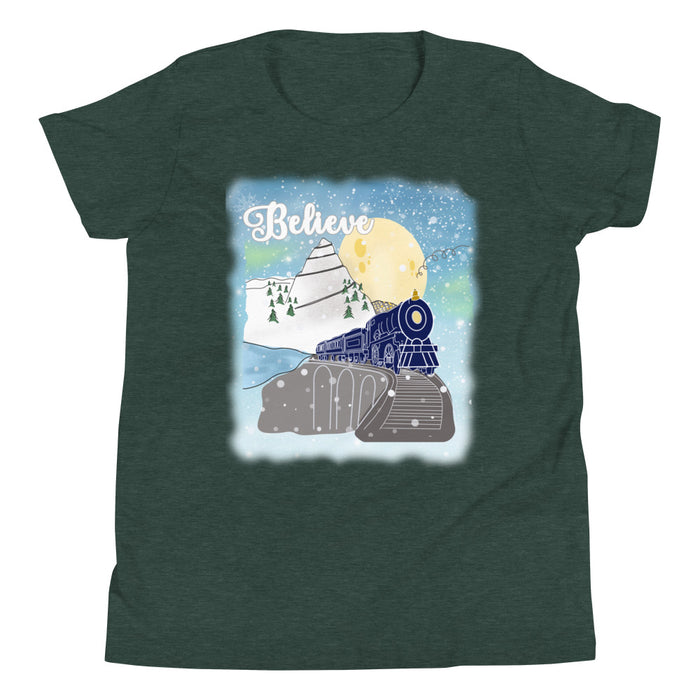 Believe Polar Express Kids Train Winter Mountain Christmas Movie Youth Short Sleeve T-Shirt