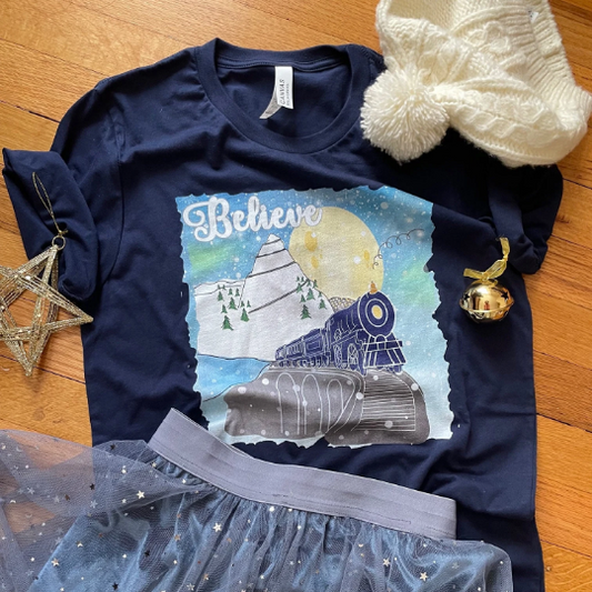 Believe Polar Express Train Winter Mountain Christmas Movie Unisex t-shirt