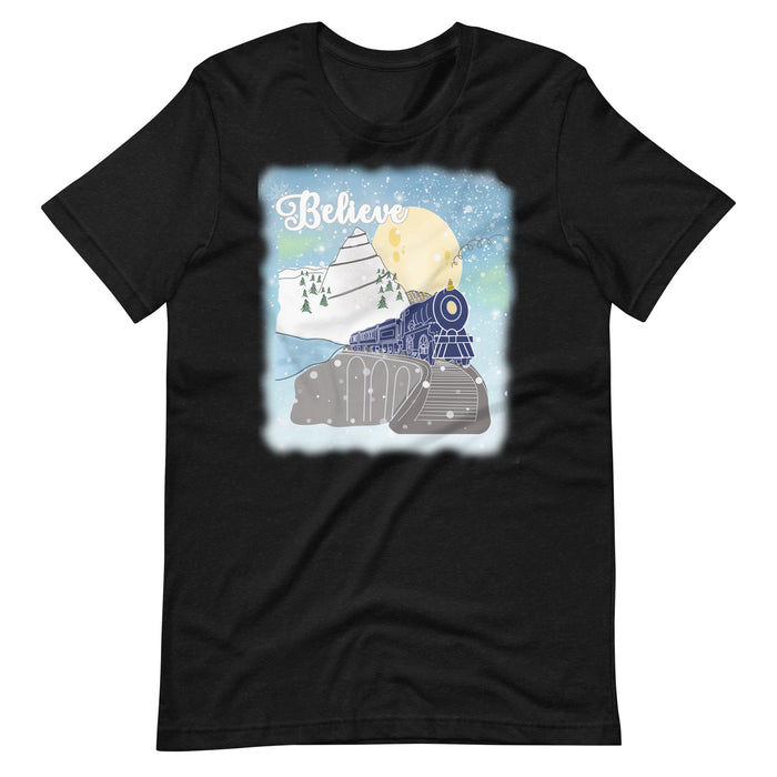 Believe Polar Express Train Winter Mountain Christmas Movie Unisex t-shirt