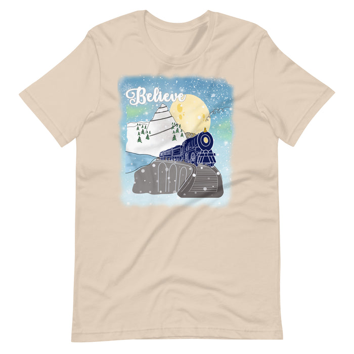 Believe Polar Express Train Winter Mountain Christmas Movie Unisex t-shirt