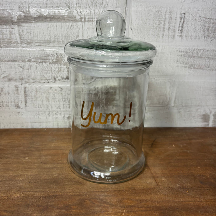 Clear Glass “Yum” Lidded Canister with Gold Lettering | 9" Tall