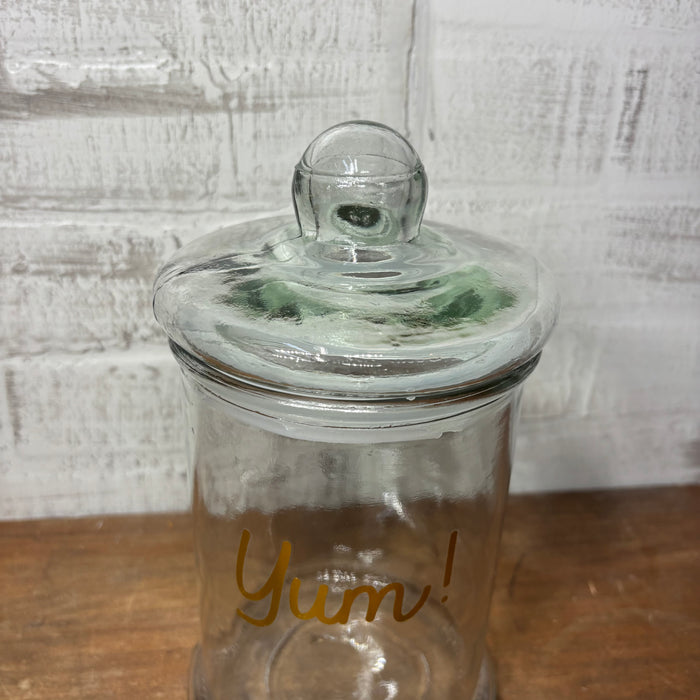 Clear Glass “Yum” Lidded Canister with Gold Lettering | 9" Tall