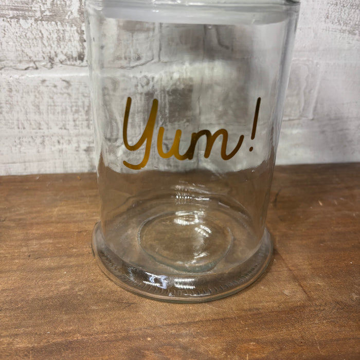 Clear Glass “Yum” Lidded Canister with Gold Lettering | 9" Tall