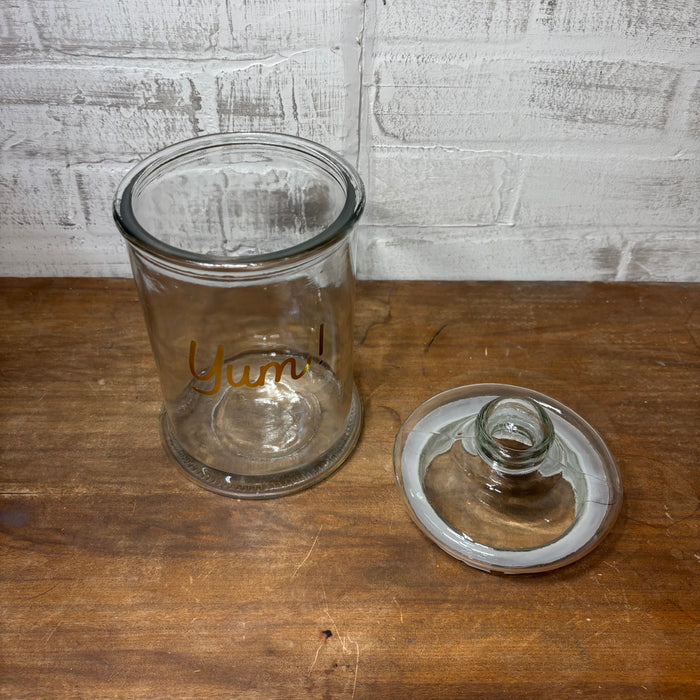 Clear Glass “Yum” Lidded Canister with Gold Lettering | 9" Tall