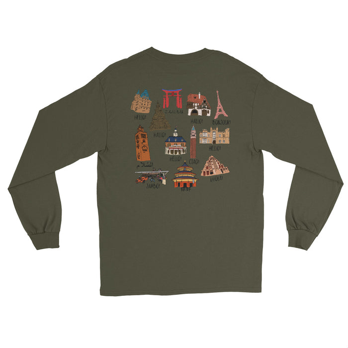 Epcot World Showcase Hello World Spaceship Earth Front and Back design Men’s Long Sleeve Shirt