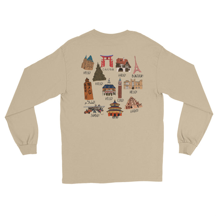 Epcot World Showcase Hello World Spaceship Earth Front and Back design Men’s Long Sleeve Shirt