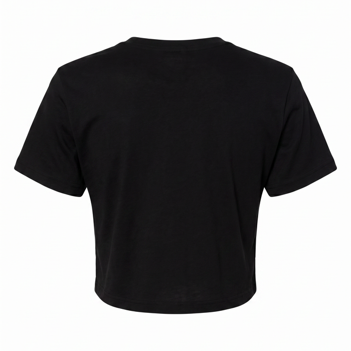 A black short-sleeve crop top t-shirt shown from the back, photographed against a solid white background.