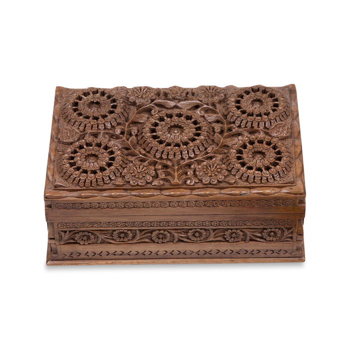 Floral Wood Jewelry Box, 'Sunflower Mandalas'