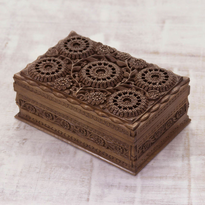 Floral Wood Jewelry Box, 'Sunflower Mandalas'
