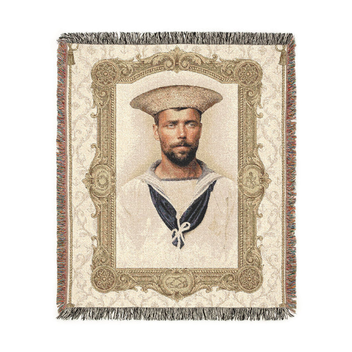 British sailor portrait woven cotton blanket with fringe in heirloom-style home décor format