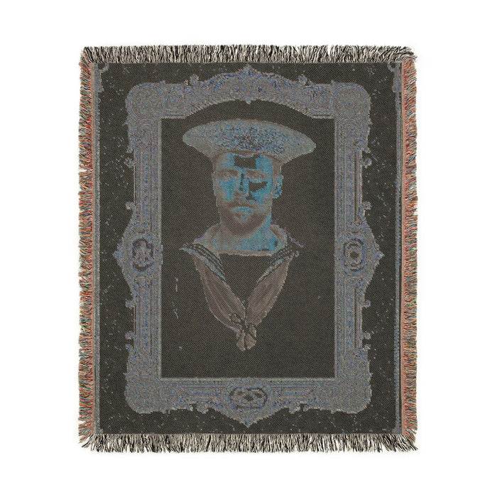 Turn-of-the-century sailor portrait blanket in cotton textile form with visible woven texture