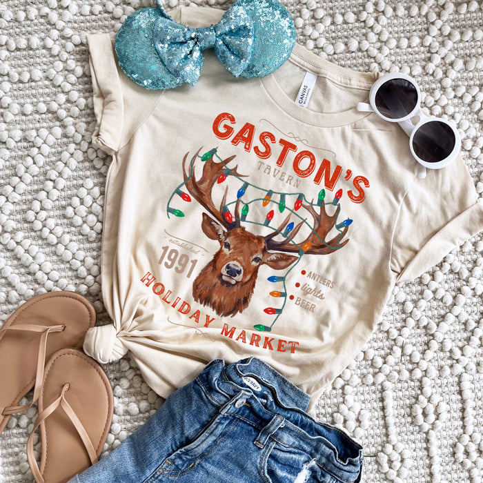 Gaston's Tavern Christmas T-Shirt Holiday Market Antlers Beauty and the Beast Christmas T-Shirt