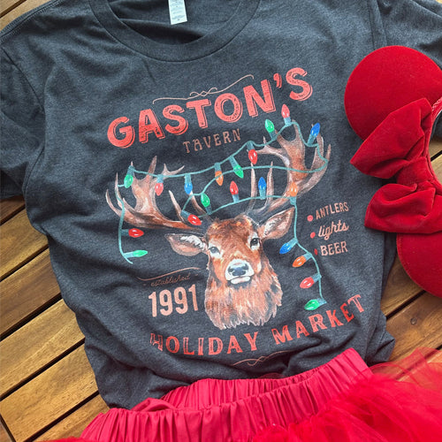 Gaston's Tavern Christmas T-Shirt Holiday Market Antlers Beauty and the Beast Christmas T-Shirt