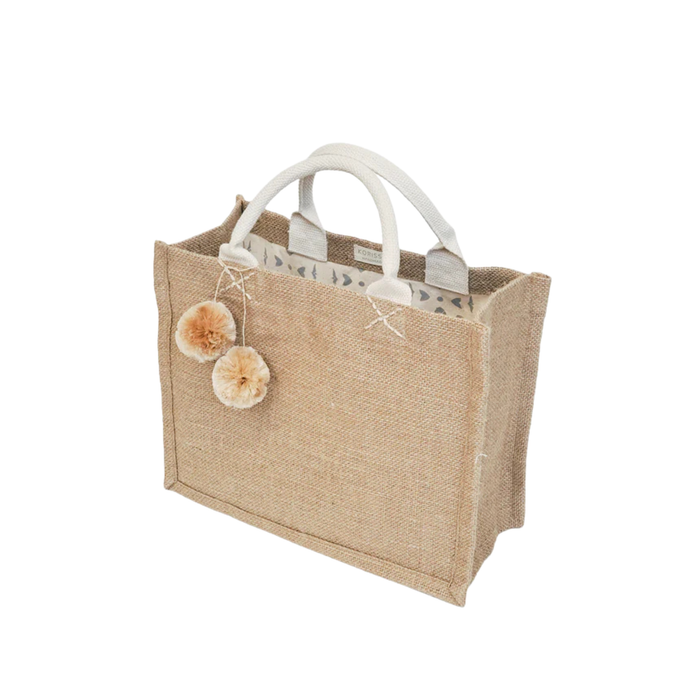 Jute Canvas Gift Bag With Pompom in Small