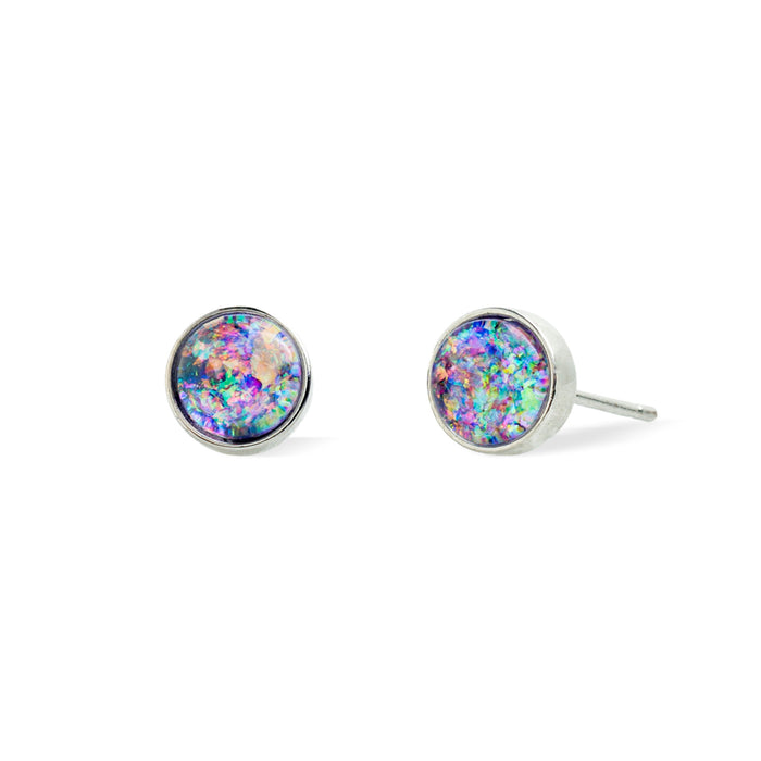 Pair of round lavender opal stud earrings with a white gold finish, shown close-up | Jewelry that Empowers Women