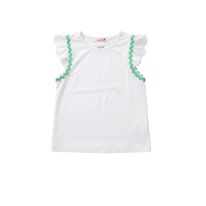 White top with green trim on a white background