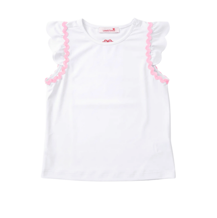 White sleeveless top with pink trim on a white background