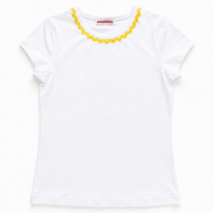 White t-shirt with yellow trim on a white background