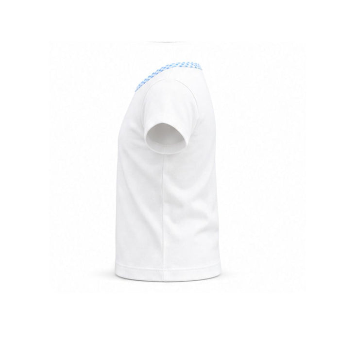 White t-shirt with blue accents on a white background