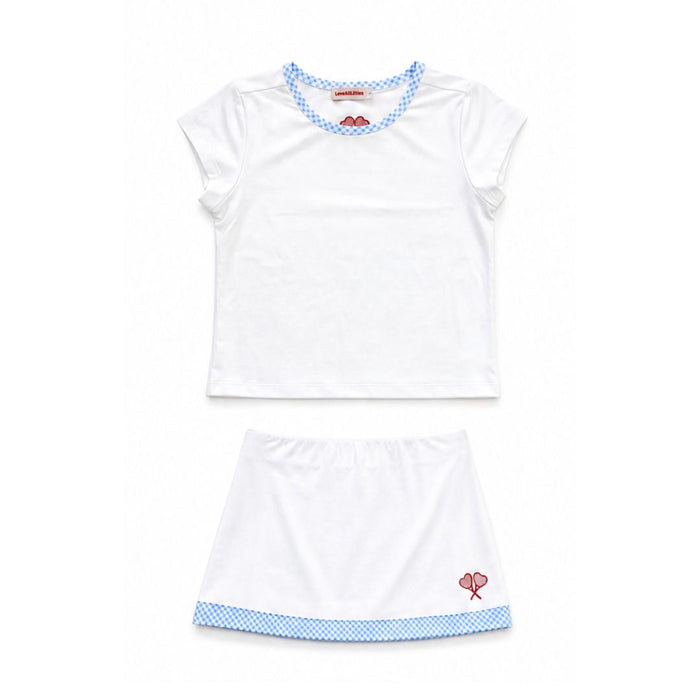 White tennis outfit with blue trim on a white background