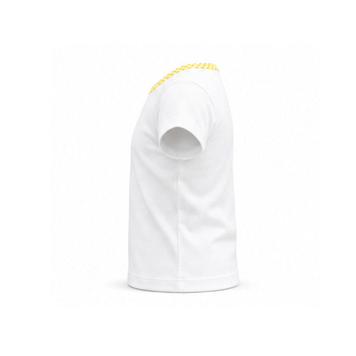 White t-shirt with yellow trim on a white background