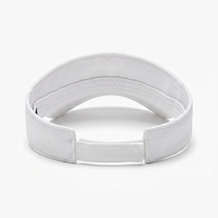A white fabric visor with an adjustable hook-and-loop closure, photographed on a seamless white background.