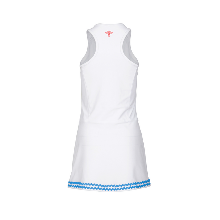 White dress with blue trim on a white background