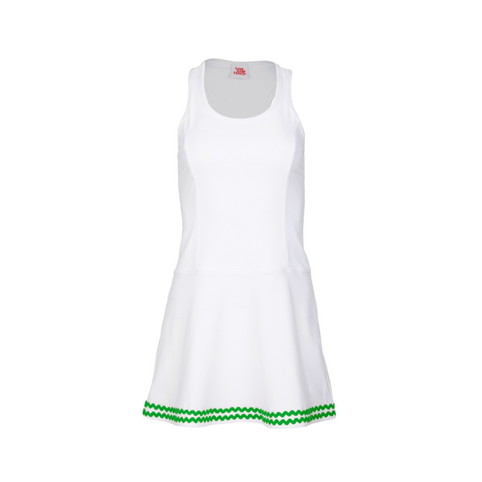 White dress with green trim on a white background